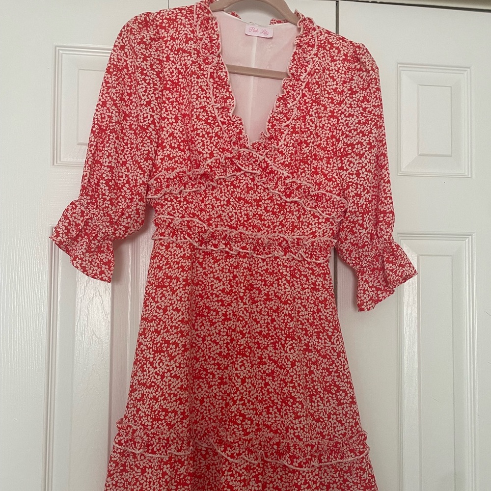 Pink Lily flowered  Ruffled  Dress